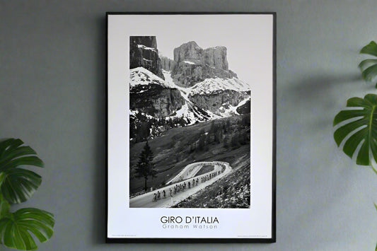 1987 Giro d'Italia. The peloton ascends the Passo Pordoi during Stage 16 of the 1987 Giro d'Italia, winding through the dramatic peaks of the Dolomites.