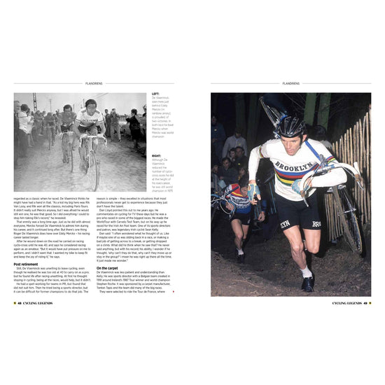 Page spread from Cycling Legends 04 Flandriens - Roger De Vlaeminck chasing Eddy Merckx, and running up a hill in his cyclo-cross world championship jersey with bike over his shoulder.