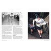 Page spread from Cycling Legends 04 Flandriens - Roger De Vlaeminck chasing Eddy Merckx, and running up a hill in his cyclo-cross world championship jersey with bike over his shoulder.