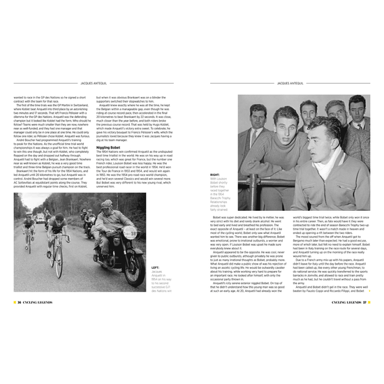 Cycling Legends 03 Jacques Anquetil by Chris Sidwells - page-spread where Jacques Anquetil is with Louison Bobet in candid photo.