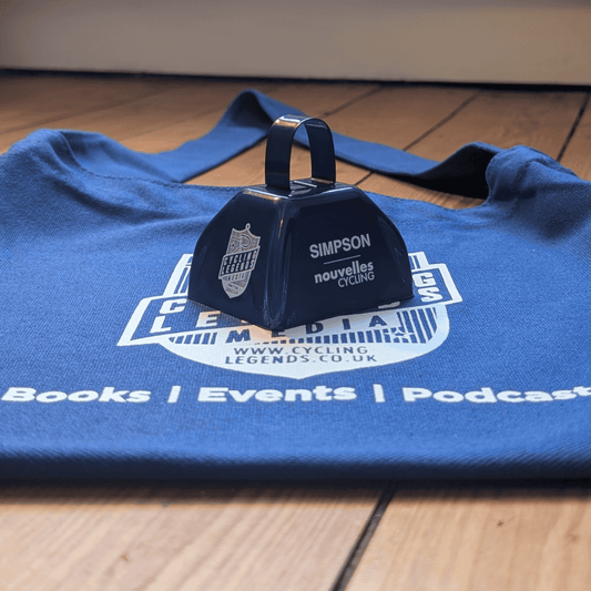 Cycling Supporters Cow Bell - with Cycling Legends and Simpson Nouvelles Cycling Branding.