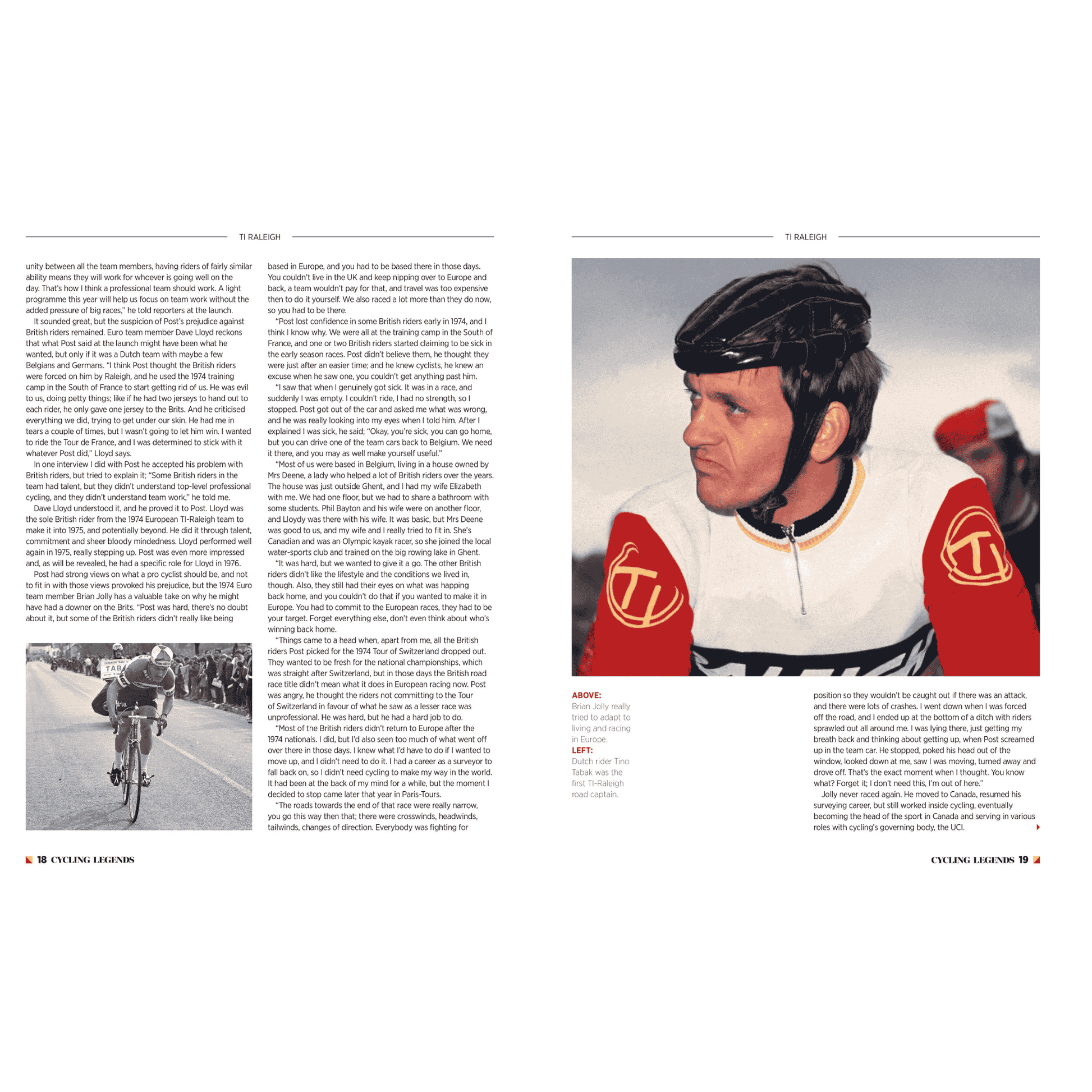 Page spread from Cycling Legends 02 TI Raleigh by Chris Sidwells. Brian Jolly in team kit.