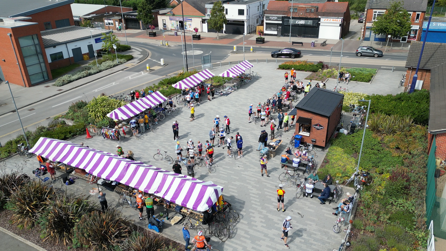Drone shot showing the event village and market stands at the Simpson Retro.