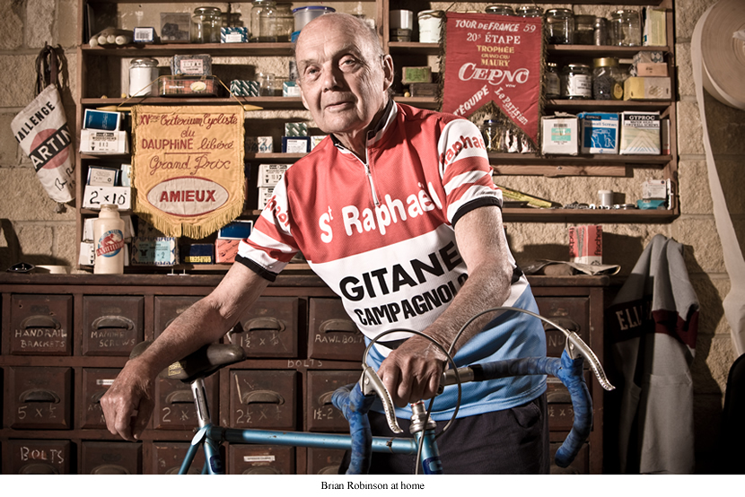 Image of Brian Robinson wearing St Raphael team jersey and the Gitane bike he raced on