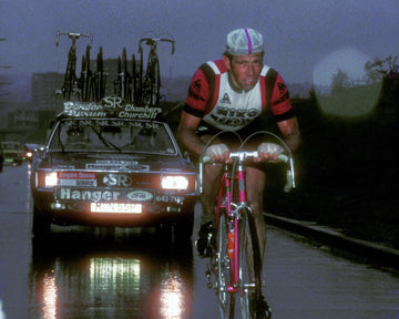 Barry Hoban emerges from the gloom atop the long climb from Lancashire into Yorkshire.