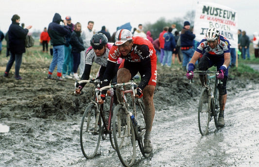 The cobbled sectors of Paris Roubaix become almost unrideable when covered in mud. Here a picture of Andrei Tchmil, Olaf Ludwig and Johan Museeuw from the event in 1994.