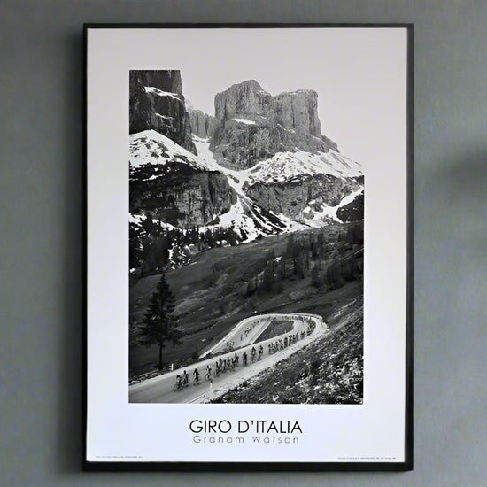 1987 Giro d'Italia. The peloton ascends the Passo Pordoi during Stage 16 of the 1987 Giro d'Italia, winding through the dramatic peaks of the Dolomites.