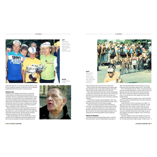 Page spread from Cycling Legends 04 Flandriens - chapter on Freddy Maertens. Seen with Eddy Merckx, Lucien Van Impe, and Joop Zoetemelk.