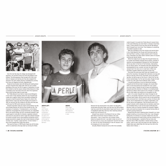 Page spread from Cycling Legends 03 Jacques Anquetil by Chris Sidwells. A young Jacques Anquetil with Fausto Coppi.