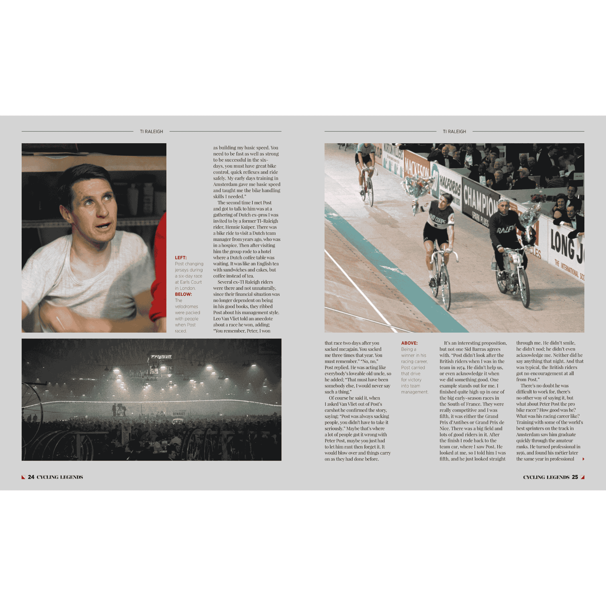 Page spread from Cycling Legends 02 TI Raleigh by Chris Sidwells. Action of the TI Raleigh team in the velodrome.