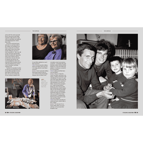 Cycling Legends 01 Tom Simpson by Chris Sidwells - an intimate interview wiht Tom Simpson's children Joanne and Jane - as well as a family photo of Helen, Tom, Jane and Joanne together.