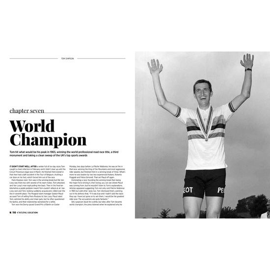 Cycling Legends 01 Tom Simpson by Chris Sidwells - Tom Simpson standing on the top step of the 1965 profession world road race championship podium with rainbow jersey and medal on. 