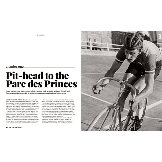 Cycling Legends 01 Tom Simpson by Chris Sidwells opening page spread introducing the opening chapter about Tom Simpson's life from Haswell County Durham to the Parc des Princes