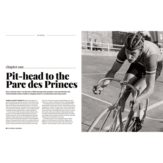 Cycling Legends 01 Tom Simpson by Chris Sidwells opening page spread introducing the opening chapter about Tom Simpson's life from Haswell County Durham to the Parc des Princes