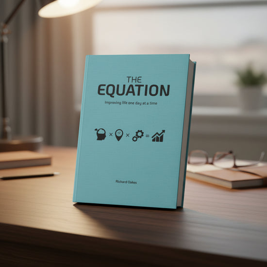 A blue-covered book titled 'THE EQUATION' by Richard Oakes.